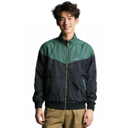 【Design Black-Green Contrast Stand-Collar Jacket】|Green shoulder panels|Raglan sleeve stand-collar design|Green front zipper|Long-sleeve style|Left chest white lettering print|Color-Block Jacket Wholesale J1197 【Design Black-Green Contrast Stand-Collar Jacket】|Green shoulder panels|Raglan sleeve stand-collar design|Green front zipper|Long-sleeve style|Left chest white lettering print|Color-Block Jacket Wholesale J1197